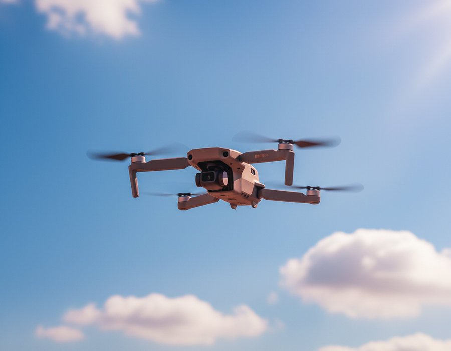 Professional drone in flight against a clear sky